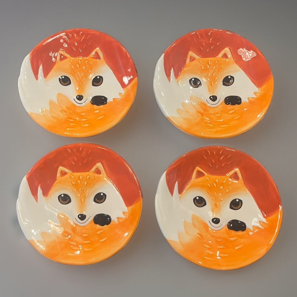 Earthenware 8” Ceramic Fox Salad Dessert Dinner 4 Plate Set Plates Animal Earth